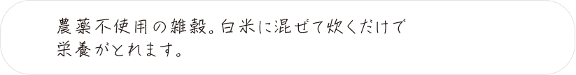 農薬不使用の雑穀。白米に混ぜて炊くだけで
栄養がとれます。