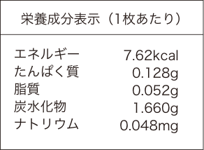 栄養成分表(1枚あたり)　エネルギー：7.62kcal、 たんぱく質：0.128g、 脂質：0.052g、 炭水化物 ：1.660g、ナトリウム：0.048mg