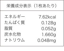 栄養成分表(1枚あたり)　エネルギー：7.62kcal、 たんぱく質：0.128g、 脂質：0.052g、 炭水化物 ：1.660g、ナトリウム：0.048mg